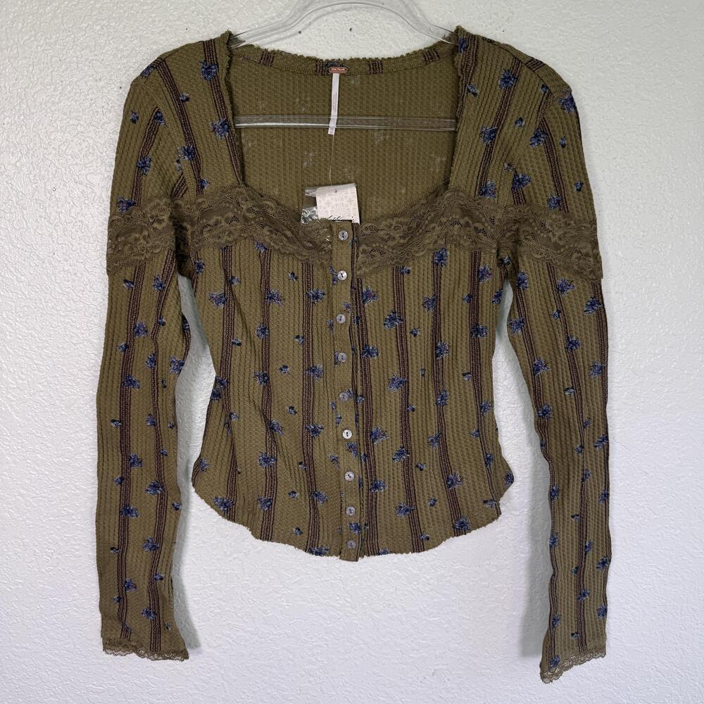 Free People Lets Party Cardi Top Womens Medium Floral Lace Button Up Green NEW